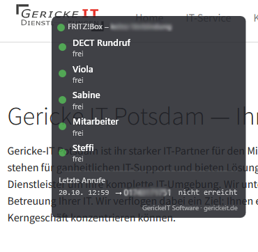 FRITZ!Box Anrufstatus-Overlay mit Telefonstatus und letzten Anrufen